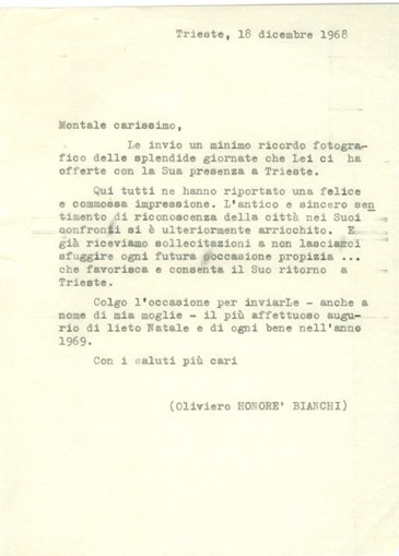 Fondo Bianchi, copia della lettera inviata a Eugenio Montale – 18 dicembre 1968-collezione