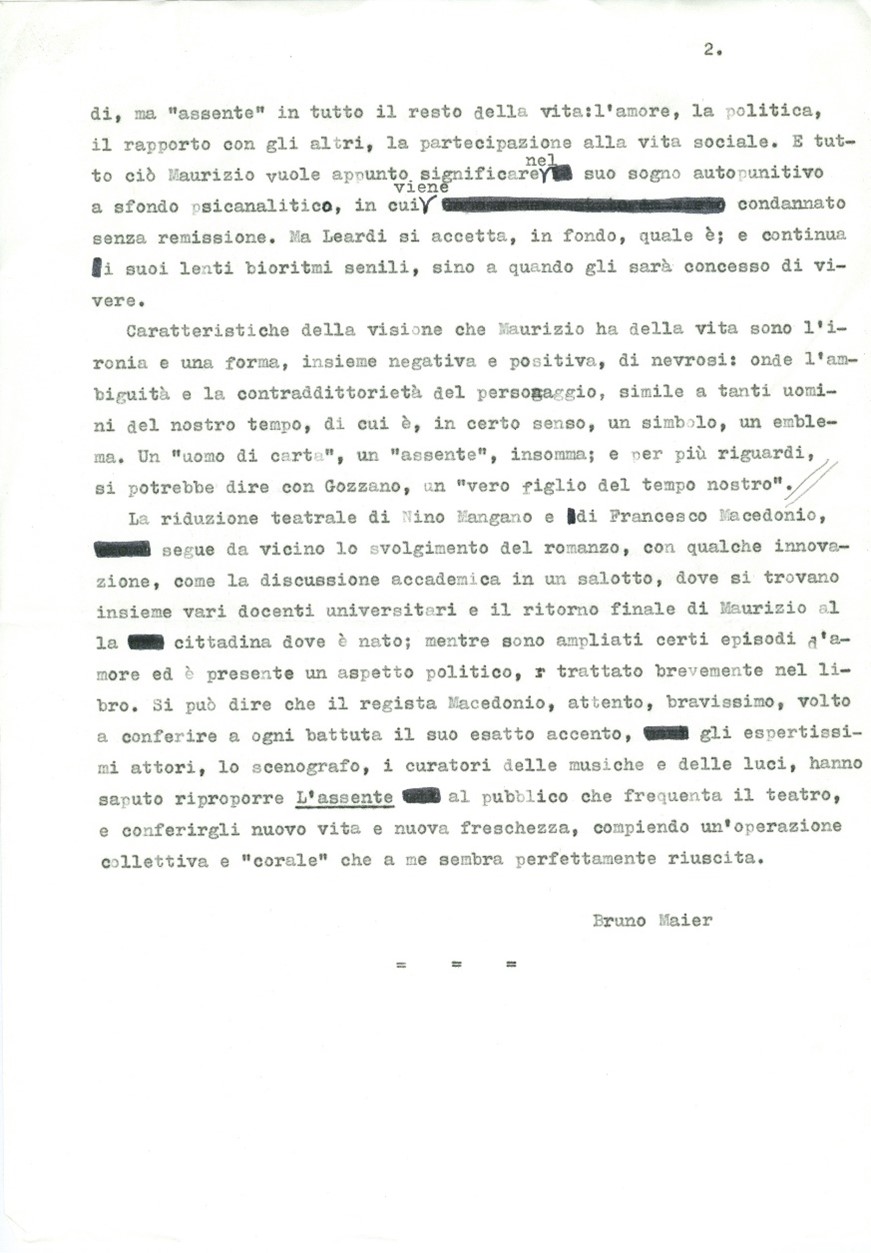 Fondo Maier, Bruno Maier, articolo relativo a “L’Assente”, 1996-collezione