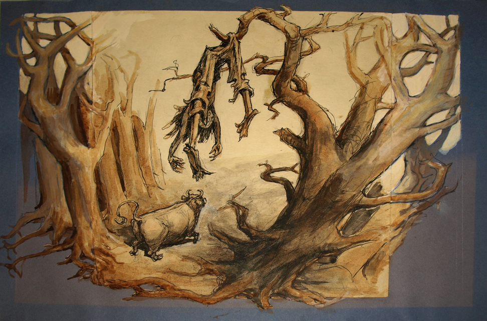 paesaggio con figure e animali