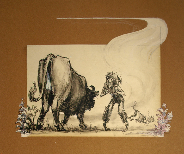 paesaggio con figure e animali