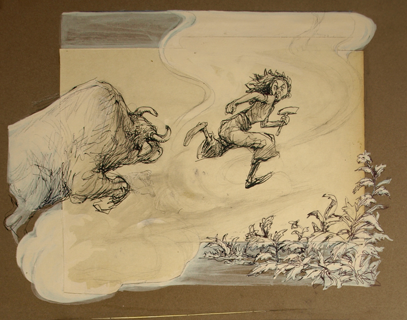 paesaggio con figure e animali