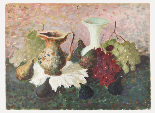 natura morta con brocche e frutta