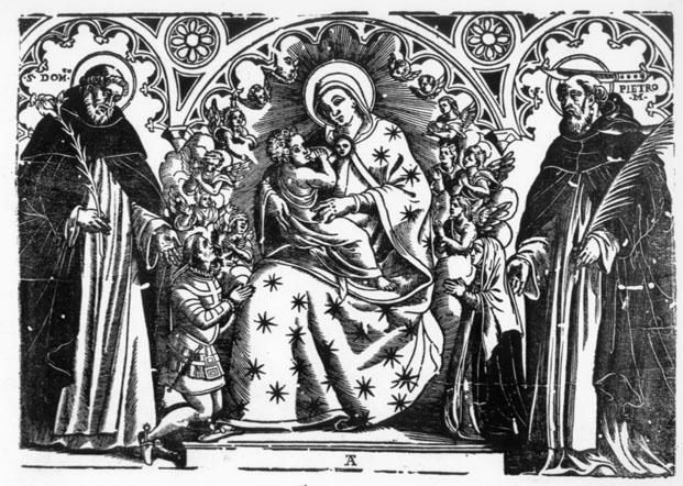 Madonna con Bambino in trono, san Domenico e san Pietro martire e committenti